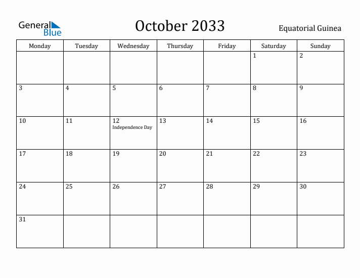 October 2033 Calendar Equatorial Guinea