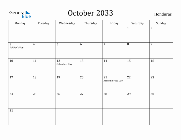 October 2033 Calendar Honduras