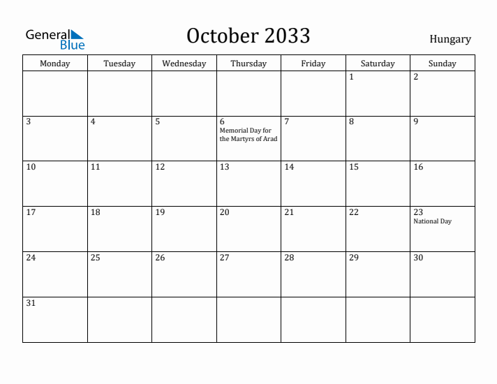 October 2033 Calendar Hungary