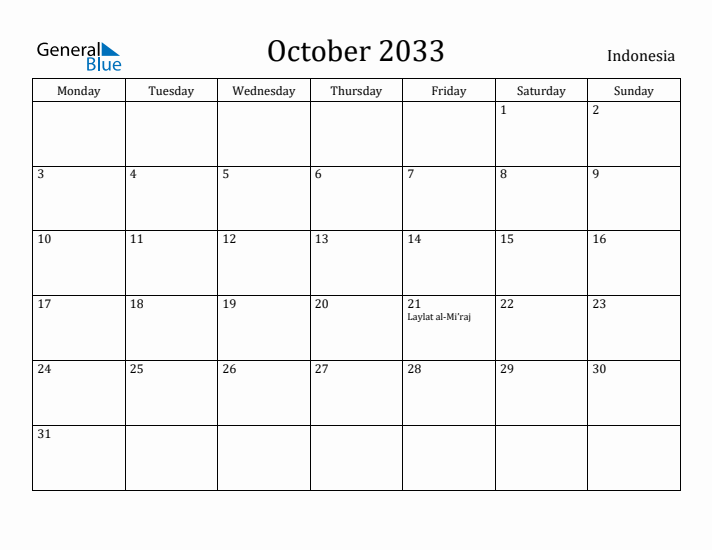 October 2033 Calendar Indonesia