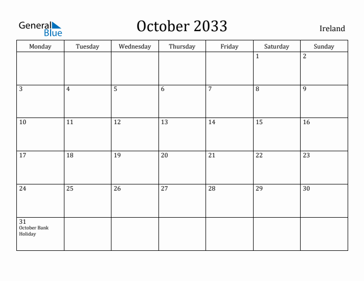 October 2033 Calendar Ireland