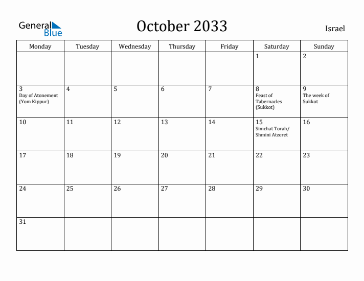 October 2033 Calendar Israel