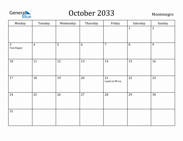 October 2033 Calendar Montenegro