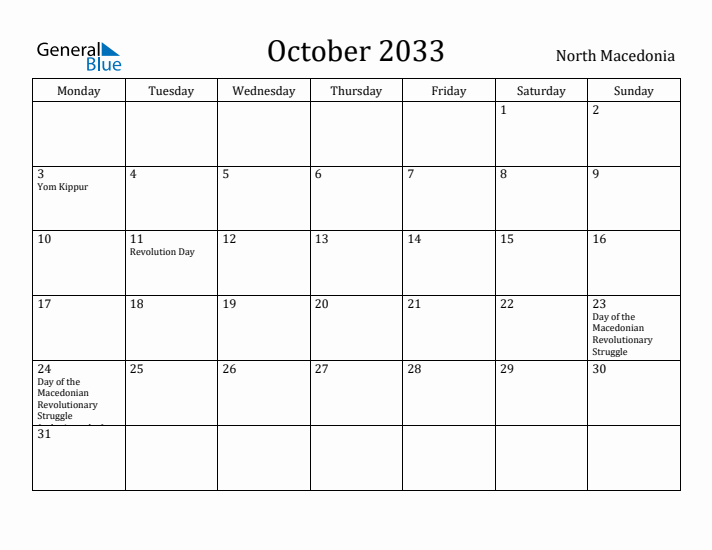 October 2033 Calendar North Macedonia