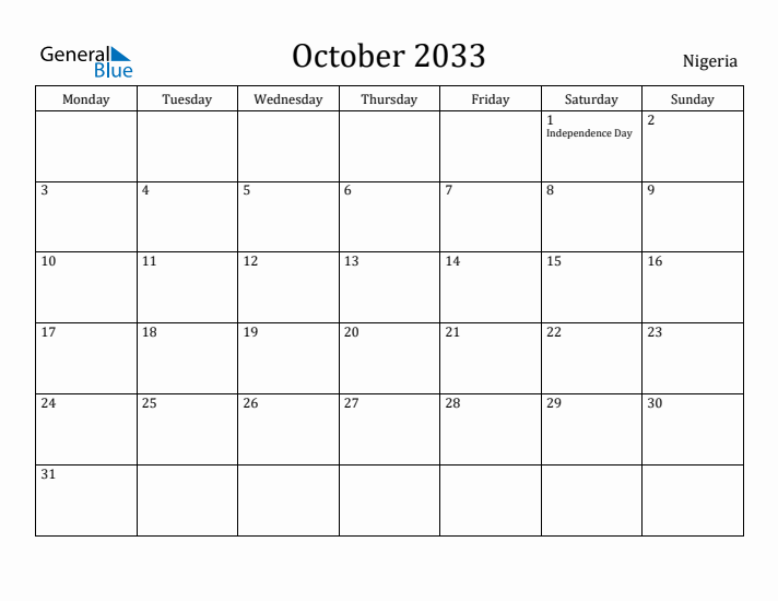 October 2033 Calendar Nigeria
