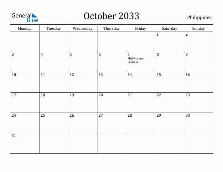 October 2033 Calendar Philippines