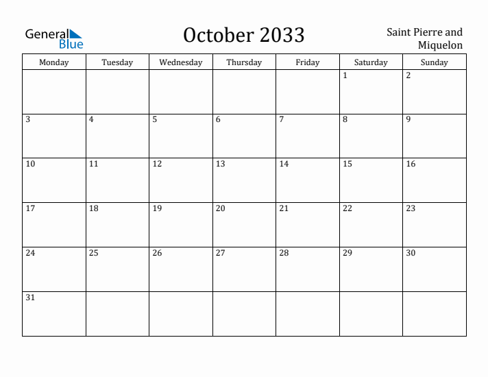 October 2033 Calendar Saint Pierre and Miquelon
