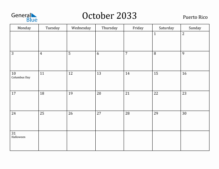 October 2033 Calendar Puerto Rico