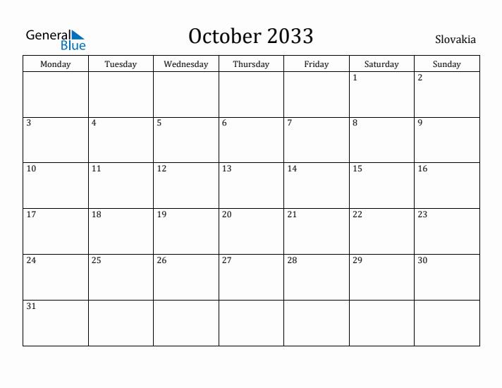 October 2033 Calendar Slovakia