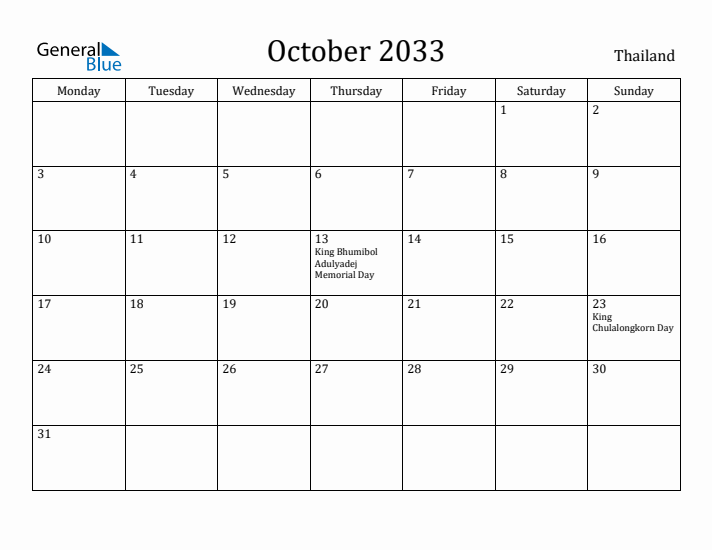 October 2033 Calendar Thailand