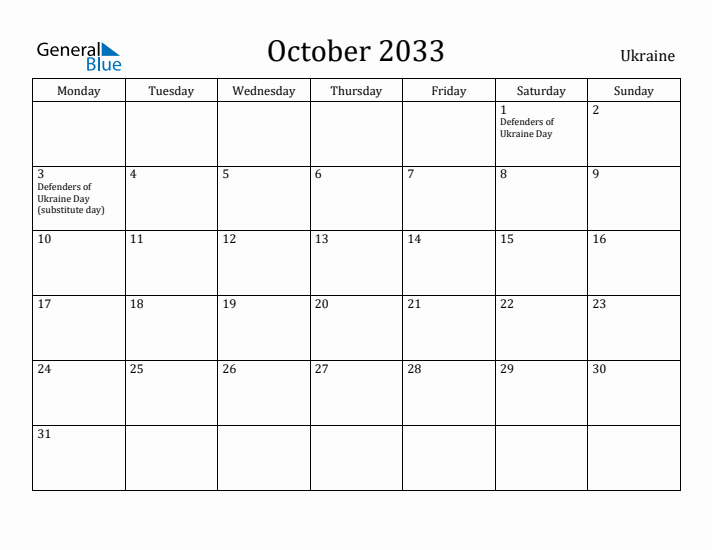 October 2033 Calendar Ukraine