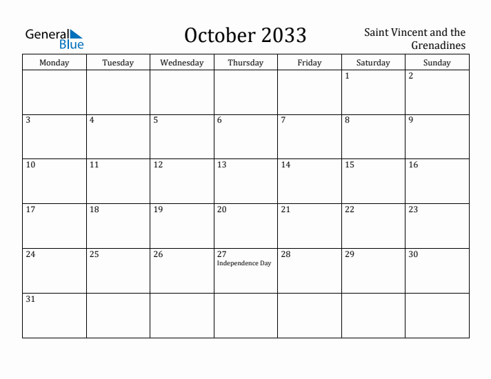 October 2033 Calendar Saint Vincent and the Grenadines