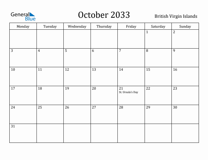 October 2033 Calendar British Virgin Islands