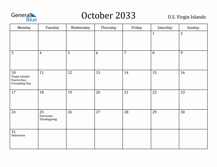 October 2033 Calendar U.S. Virgin Islands