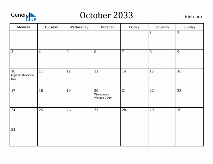 October 2033 Calendar Vietnam