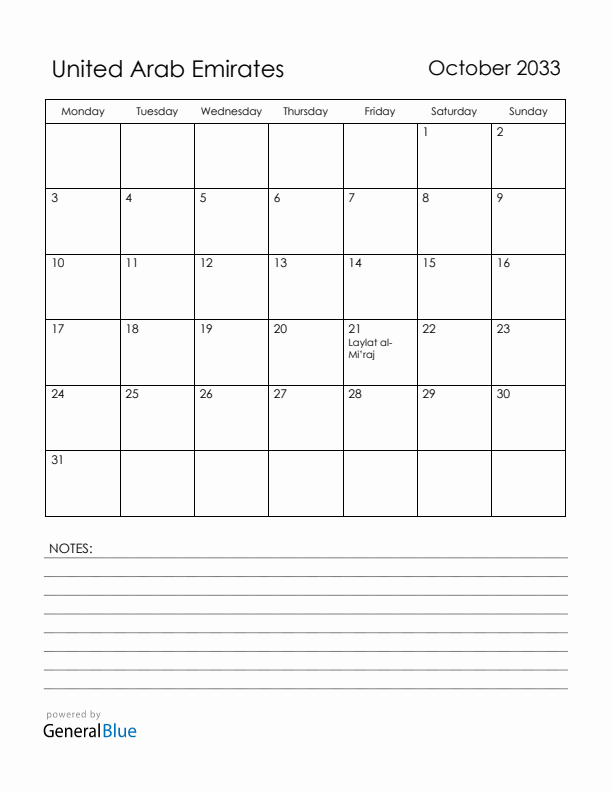 October 2033 United Arab Emirates Calendar with Holidays (Monday Start)