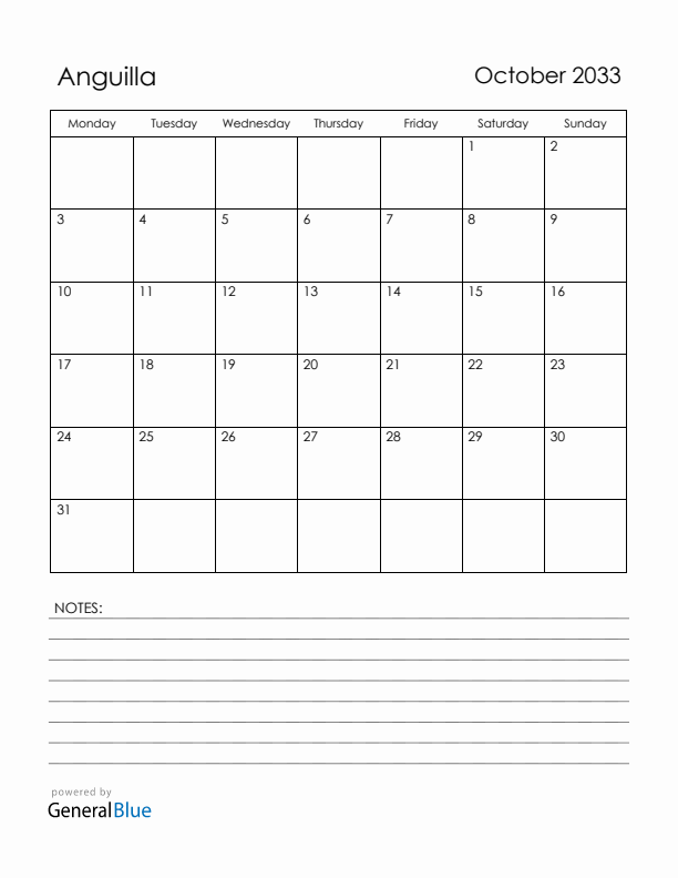 October 2033 Anguilla Calendar with Holidays (Monday Start)