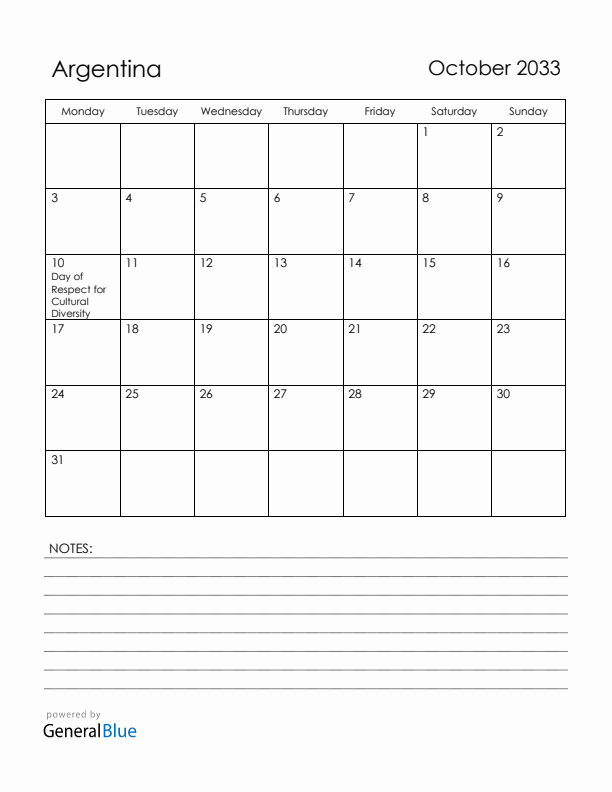 October 2033 Argentina Calendar with Holidays (Monday Start)
