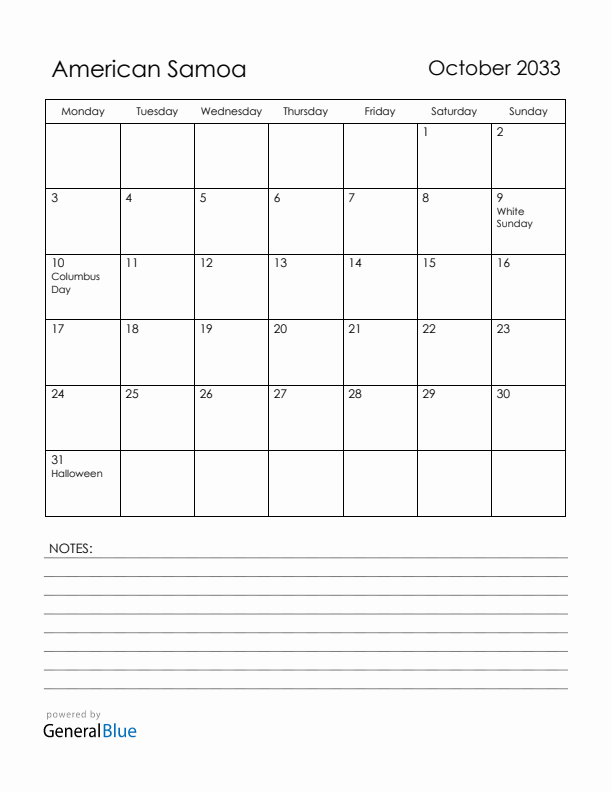 October 2033 American Samoa Calendar with Holidays (Monday Start)