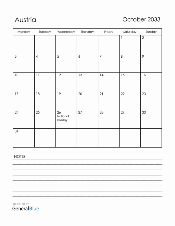 October 2033 Austria Calendar with Holidays (Monday Start)
