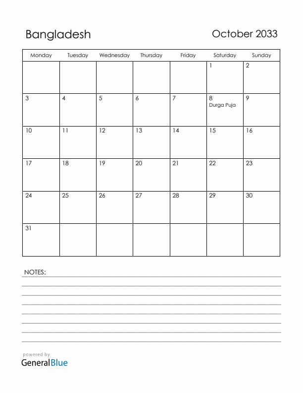 October 2033 Bangladesh Calendar with Holidays (Monday Start)