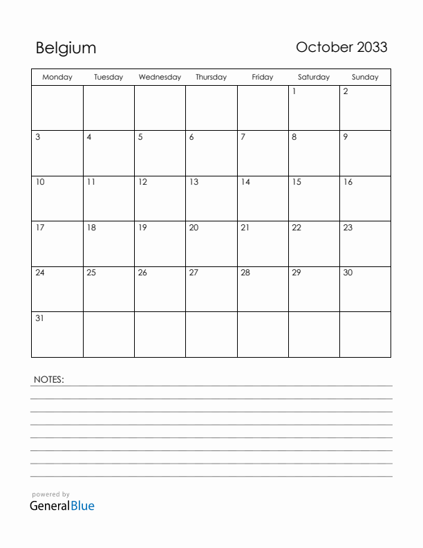 October 2033 Belgium Calendar with Holidays (Monday Start)