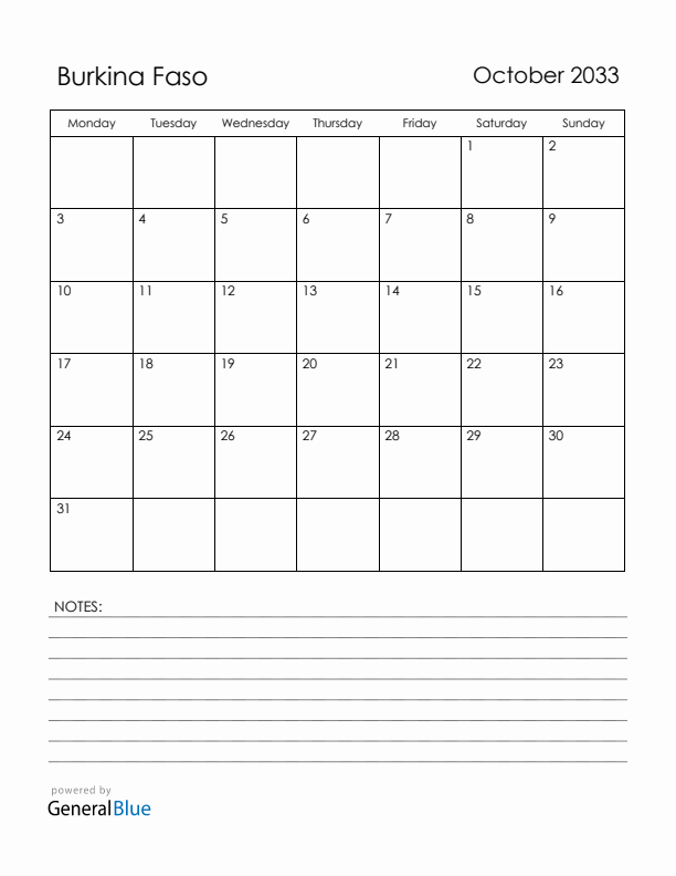 October 2033 Burkina Faso Calendar with Holidays (Monday Start)