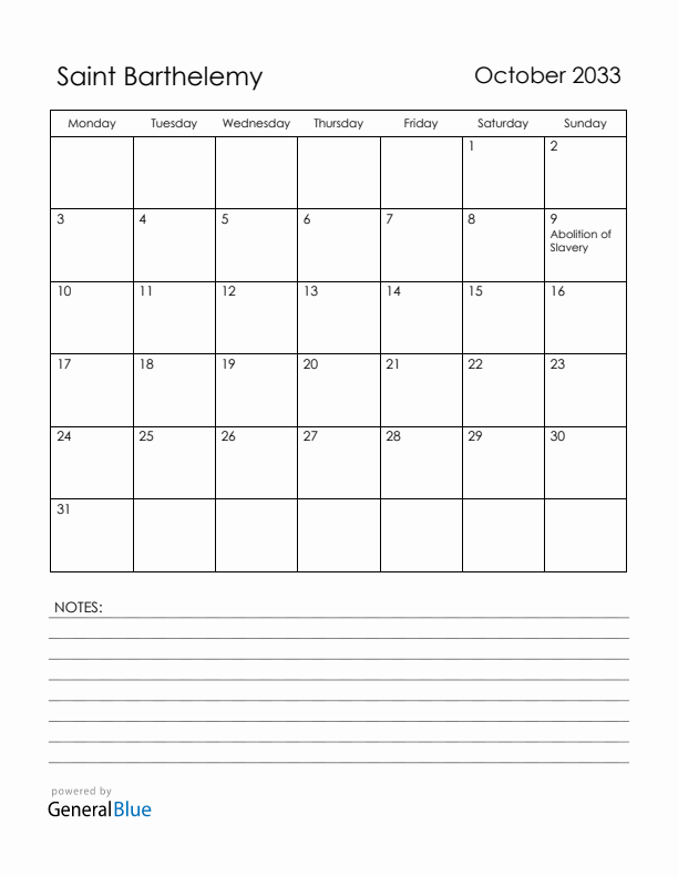 October 2033 Saint Barthelemy Calendar with Holidays (Monday Start)