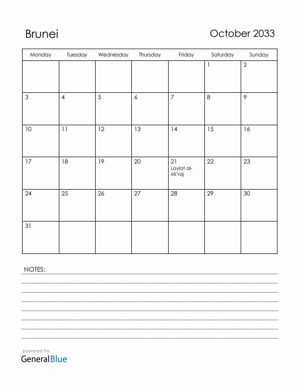 October 2033 Brunei Calendar with Holidays (Monday Start)