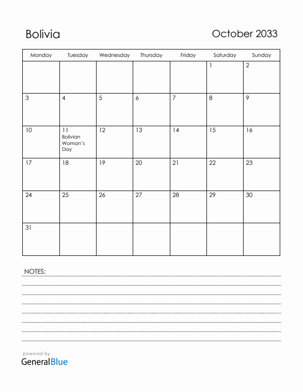 October 2033 Bolivia Calendar with Holidays (Monday Start)