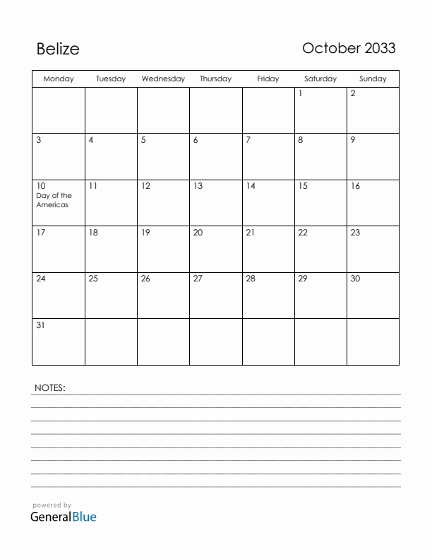 October 2033 Belize Calendar with Holidays (Monday Start)