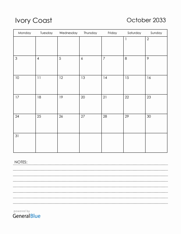 October 2033 Ivory Coast Calendar with Holidays (Monday Start)