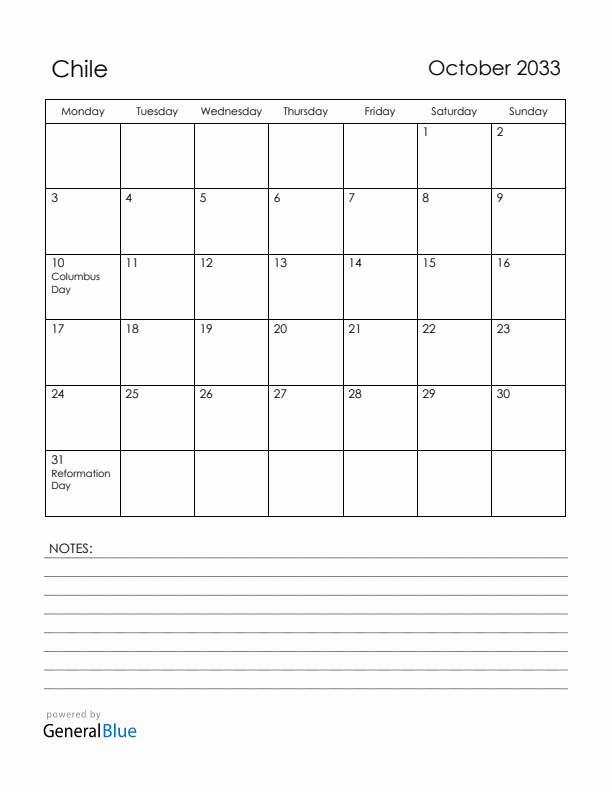 October 2033 Chile Calendar with Holidays (Monday Start)