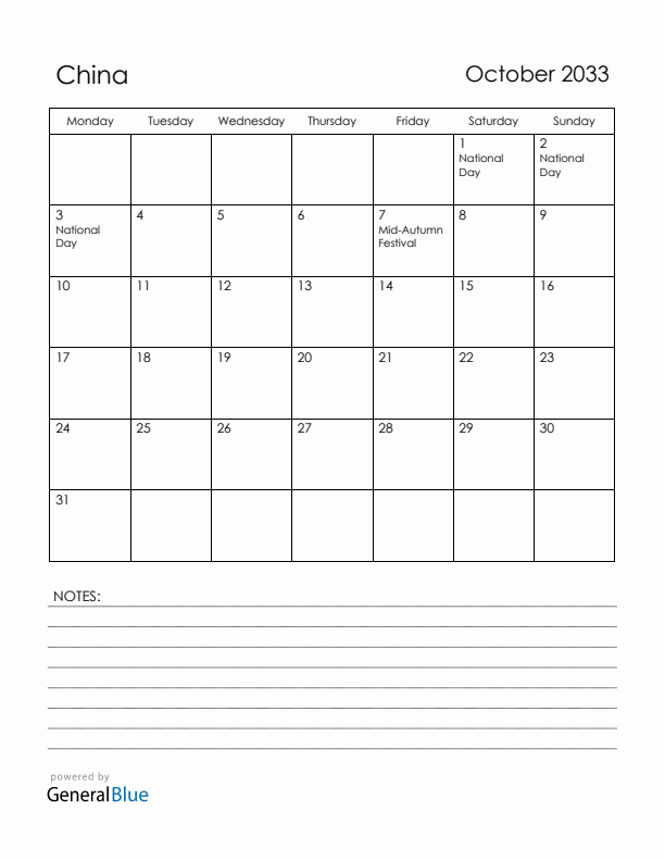 October 2033 China Calendar with Holidays (Monday Start)