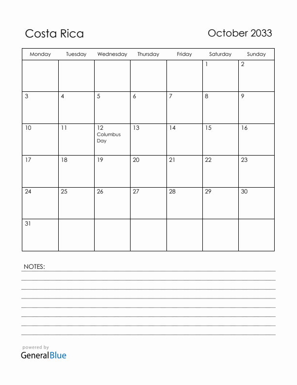 October 2033 Costa Rica Calendar with Holidays (Monday Start)