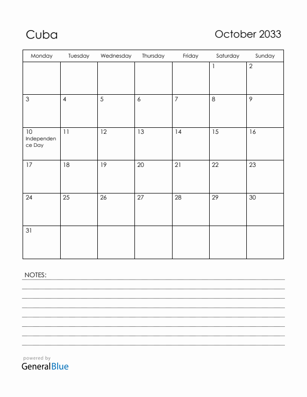 October 2033 Cuba Calendar with Holidays (Monday Start)