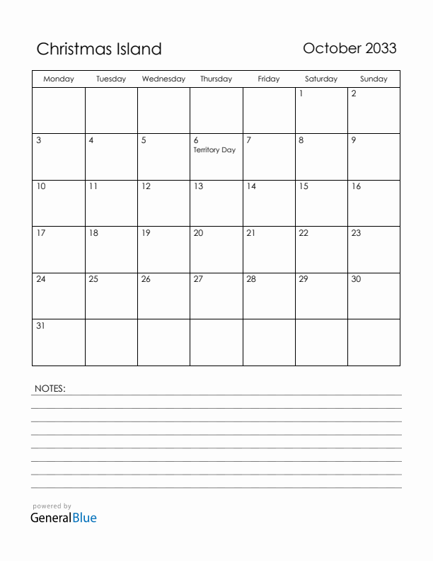 October 2033 Christmas Island Calendar with Holidays (Monday Start)