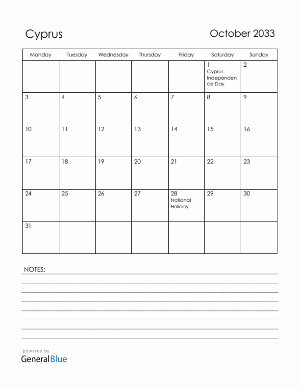 October 2033 Cyprus Calendar with Holidays (Monday Start)