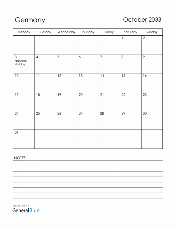 October 2033 Germany Calendar with Holidays (Monday Start)