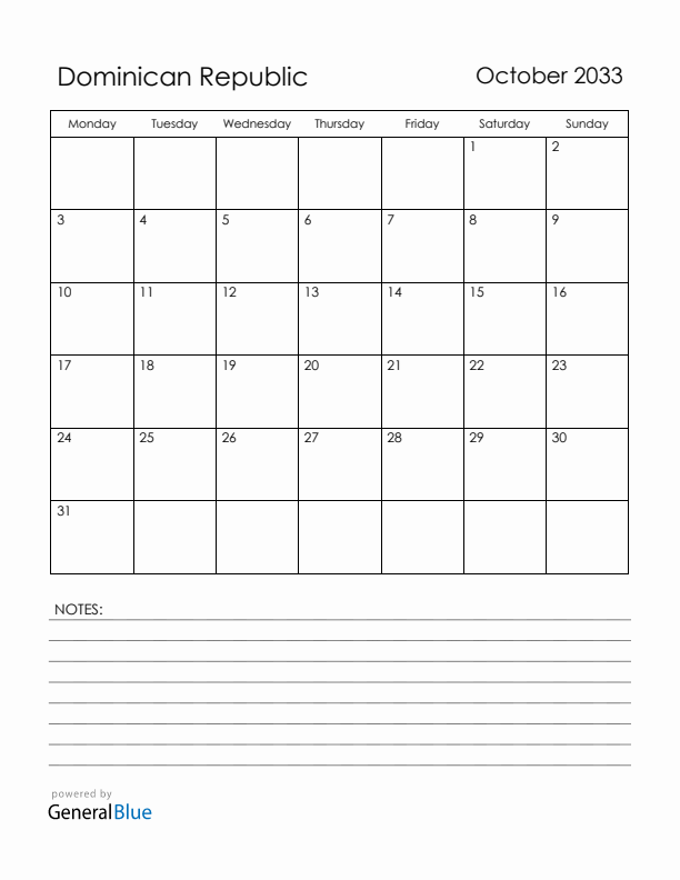 October 2033 Dominican Republic Calendar with Holidays (Monday Start)