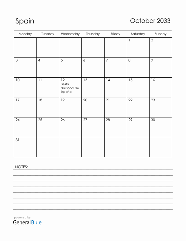 October 2033 Spain Calendar with Holidays (Monday Start)