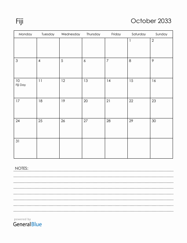 October 2033 Fiji Calendar with Holidays (Monday Start)