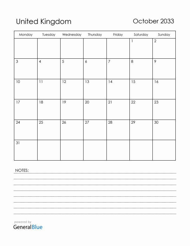 October 2033 United Kingdom Calendar with Holidays (Monday Start)