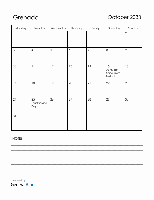 October 2033 Grenada Calendar with Holidays (Monday Start)