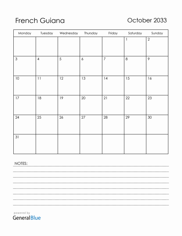 October 2033 French Guiana Calendar with Holidays (Monday Start)