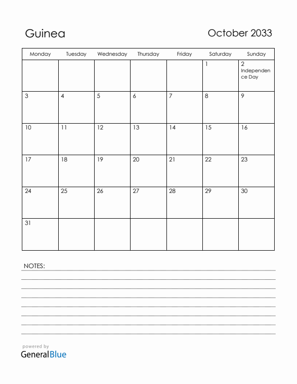 October 2033 Guinea Calendar with Holidays (Monday Start)