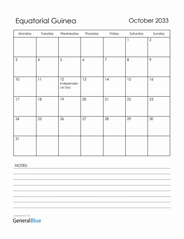 October 2033 Equatorial Guinea Calendar with Holidays (Monday Start)