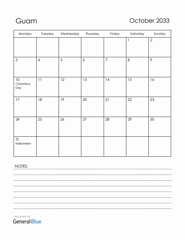 October 2033 Guam Calendar with Holidays (Monday Start)