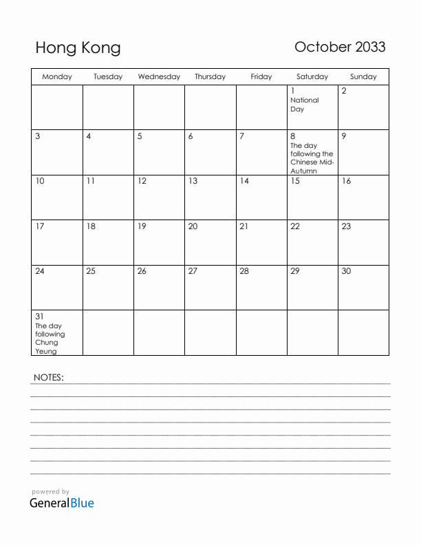 October 2033 Hong Kong Calendar with Holidays (Monday Start)