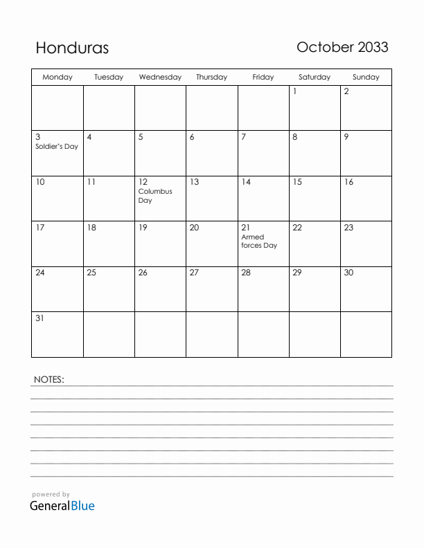 October 2033 Honduras Calendar with Holidays (Monday Start)